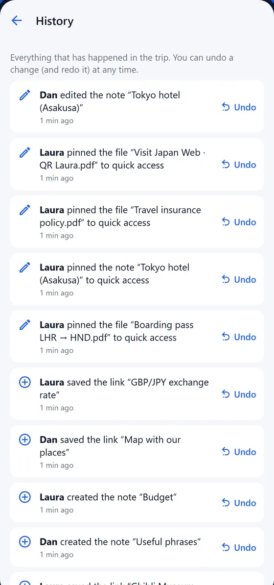 Trip history with an undo option for every change