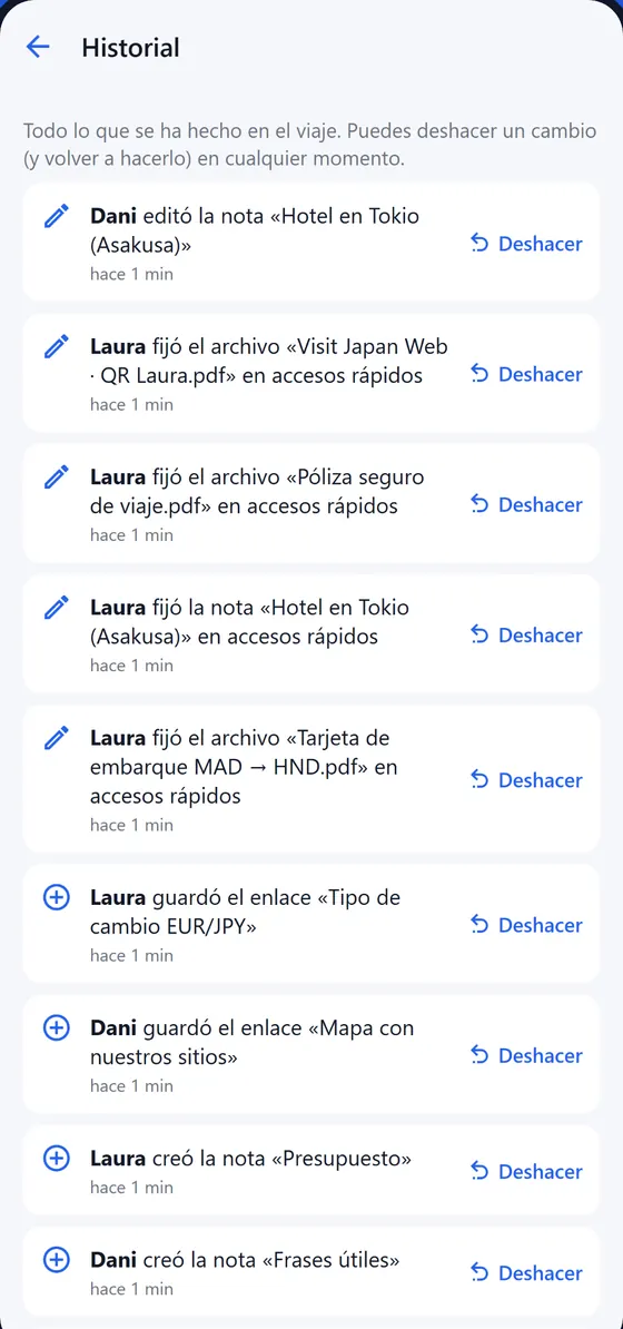 Historial del viaje con la opción de deshacer cada cambio