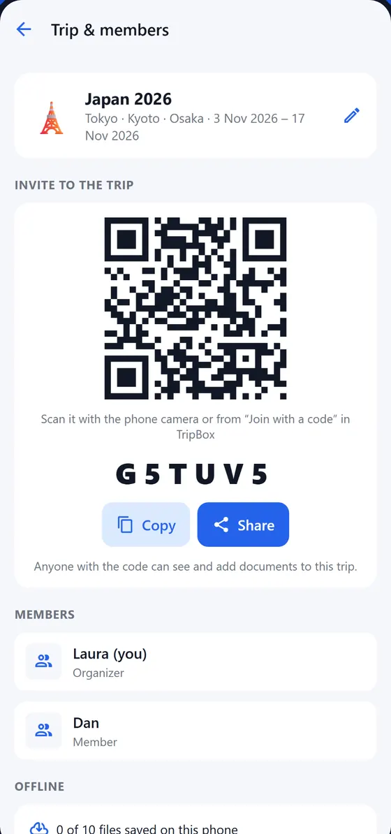 Invite screen with a QR code to join the trip