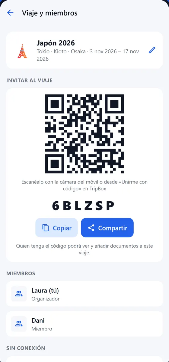 Pantalla para invitar al viaje con un código QR